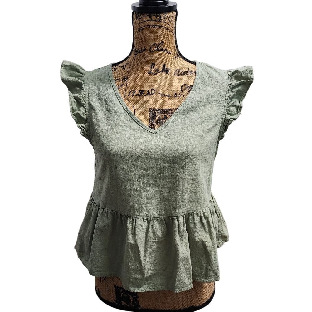 SHEIN Sage Green Cotton Peplum Top Flutter Sleeve V-Neck Blouse Size S
